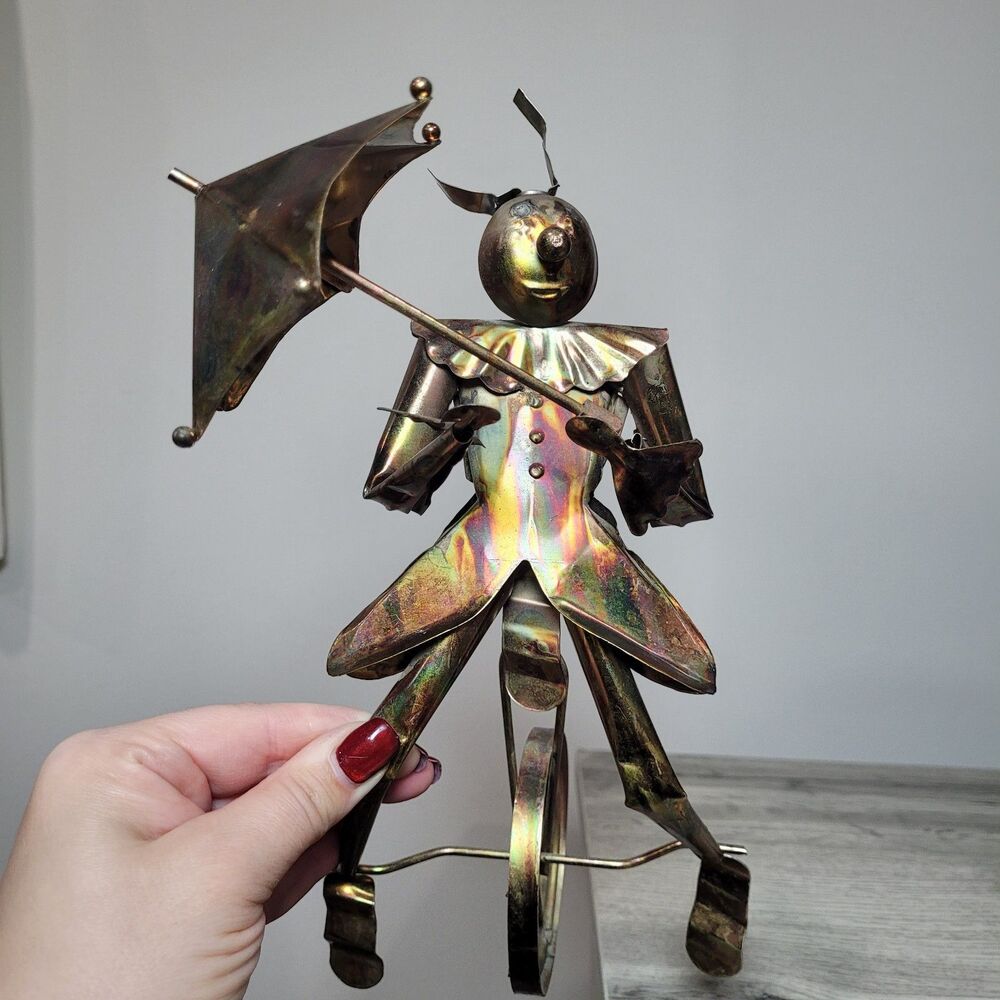 Vintage Sankyo-Japan Metal Sculpture/Clown w/Umbrella Riding Unicycle